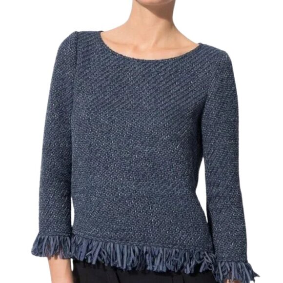 Maje Latino Fringed Sweater Pullover Womens 2 Medium Blue Tweed Coastal Designer - Picture 1 of 11